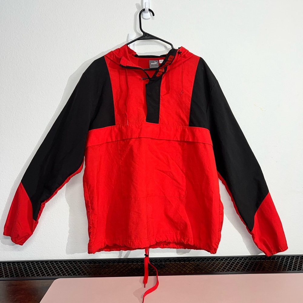 PUMA Men's Windbreaker Jacket L Red Black‎ Hooded Pullover Drawstring Athletic